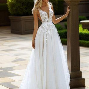A Line princess V neck wedding dress
